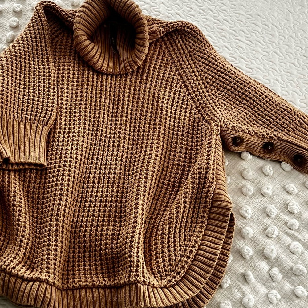 Cozy Beige Turtleneck Poncho Sweater